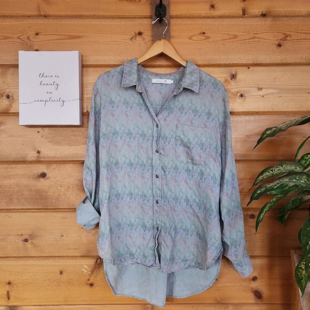 Billy T Madge Chambray Watercolor Button Down Shirt Linen Blend High Low‎ Size L